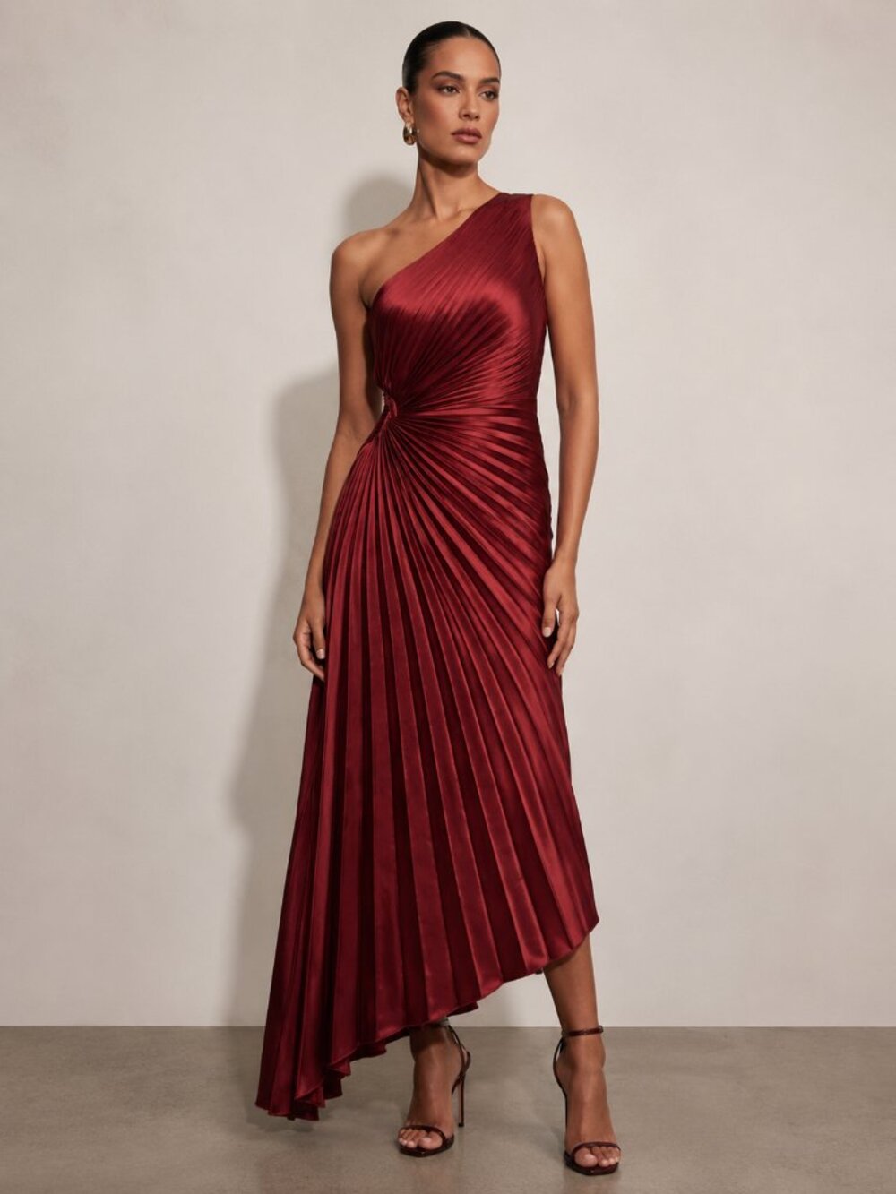 Moon River One-Shoulder Asymmetrical Pleated Dress in Burgundy